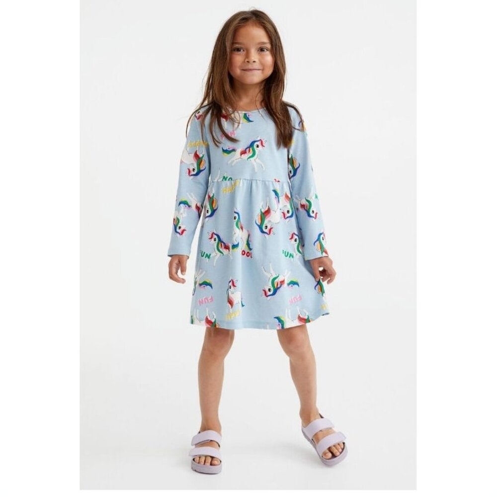 H&M Girls Unicorn Rainbow Patterned Long Sleeve Jersey Dress